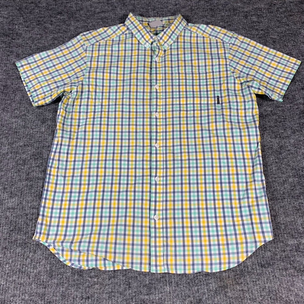 Columbia Shirt Mens Large Yellow Plaid Short Sleeve Button Down Outdoors Fishing